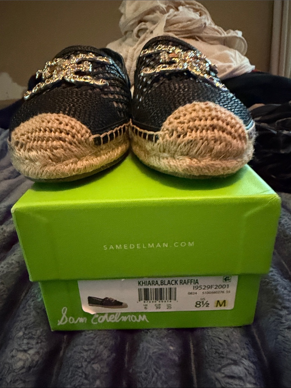 Sam Edelman Black Raffia Espadrille Flats with Gold Chain Accent